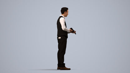 3D human model man hospitality, photogrammetry scanned person for archviz, side view render