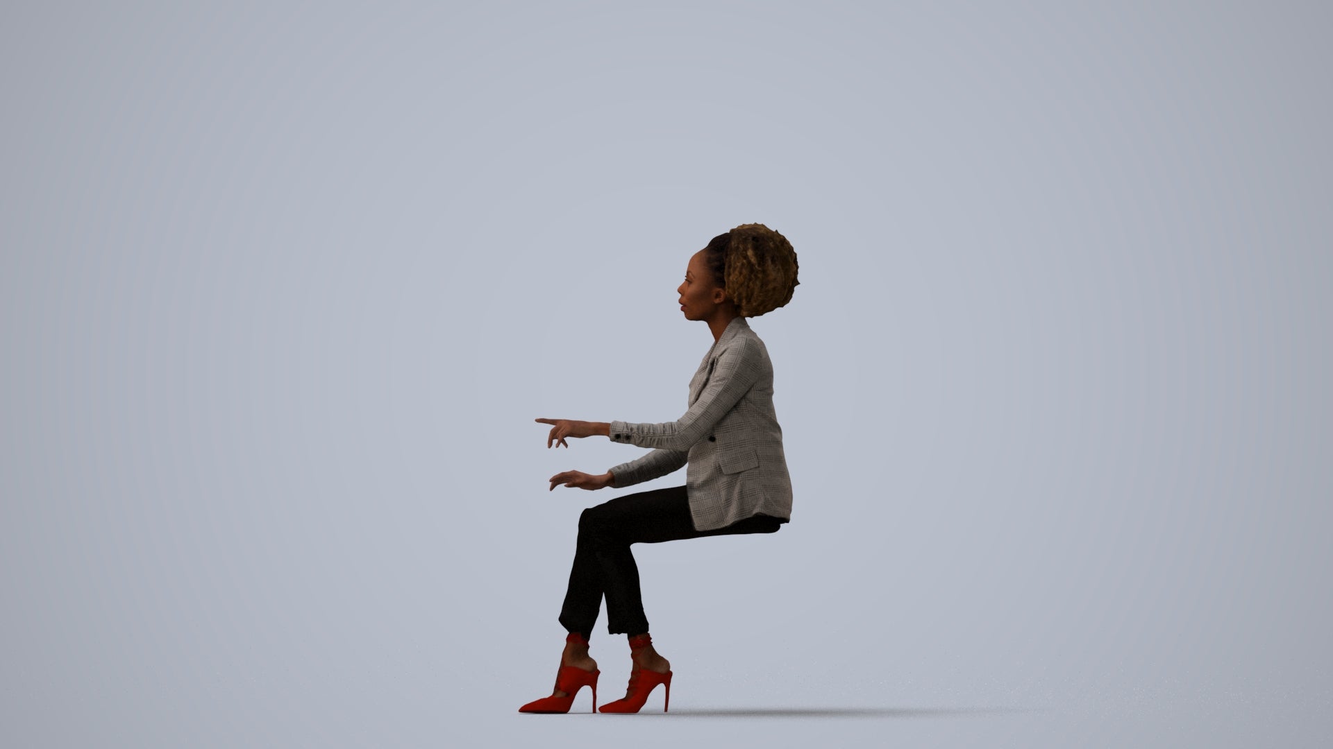 3D scanned woman sitting business, photorealistic archviz people for Enscape and SketchUp, three-quarter view render