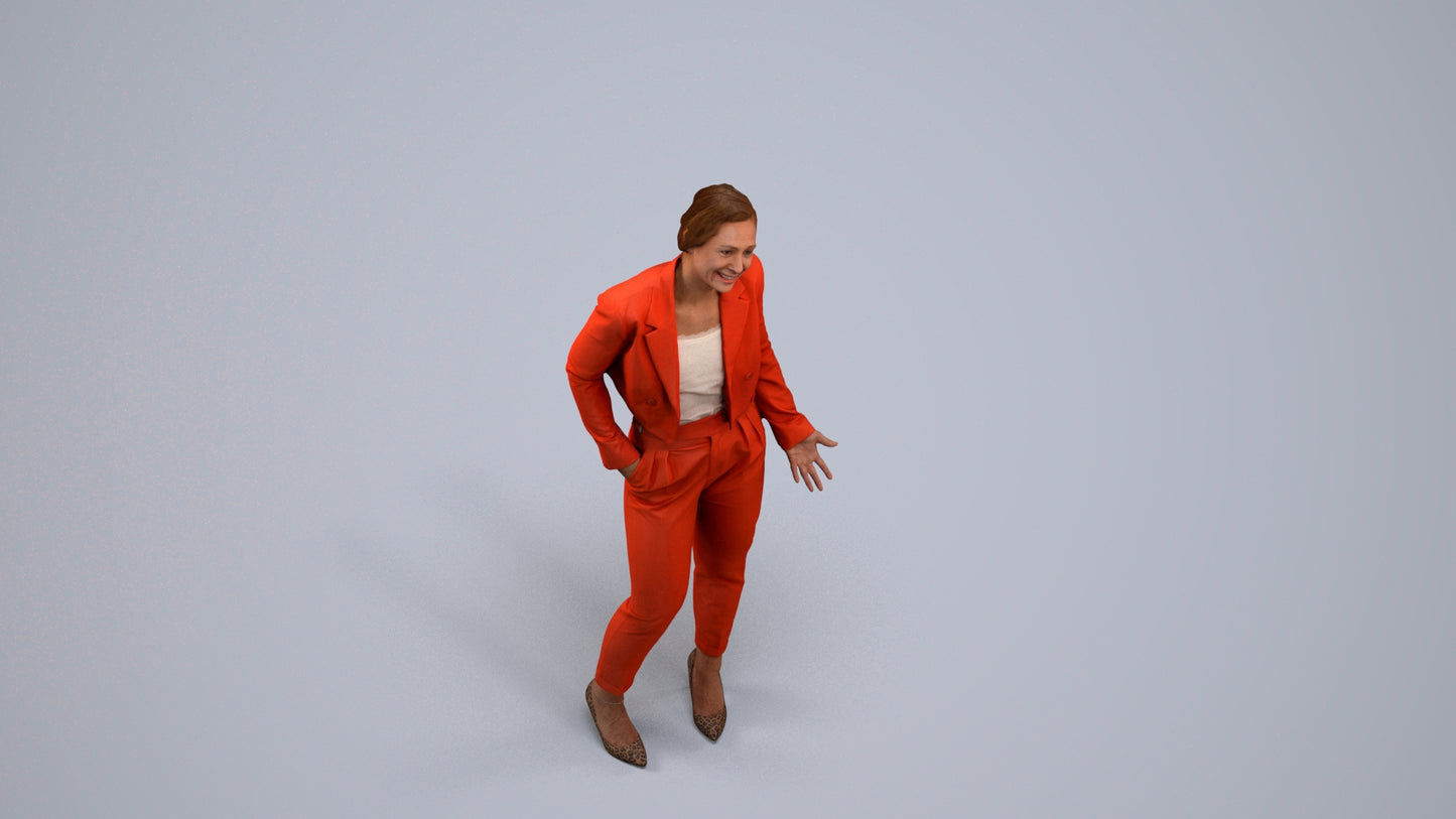 3D human model woman business, photogrammetry scanned person for archviz, back view render