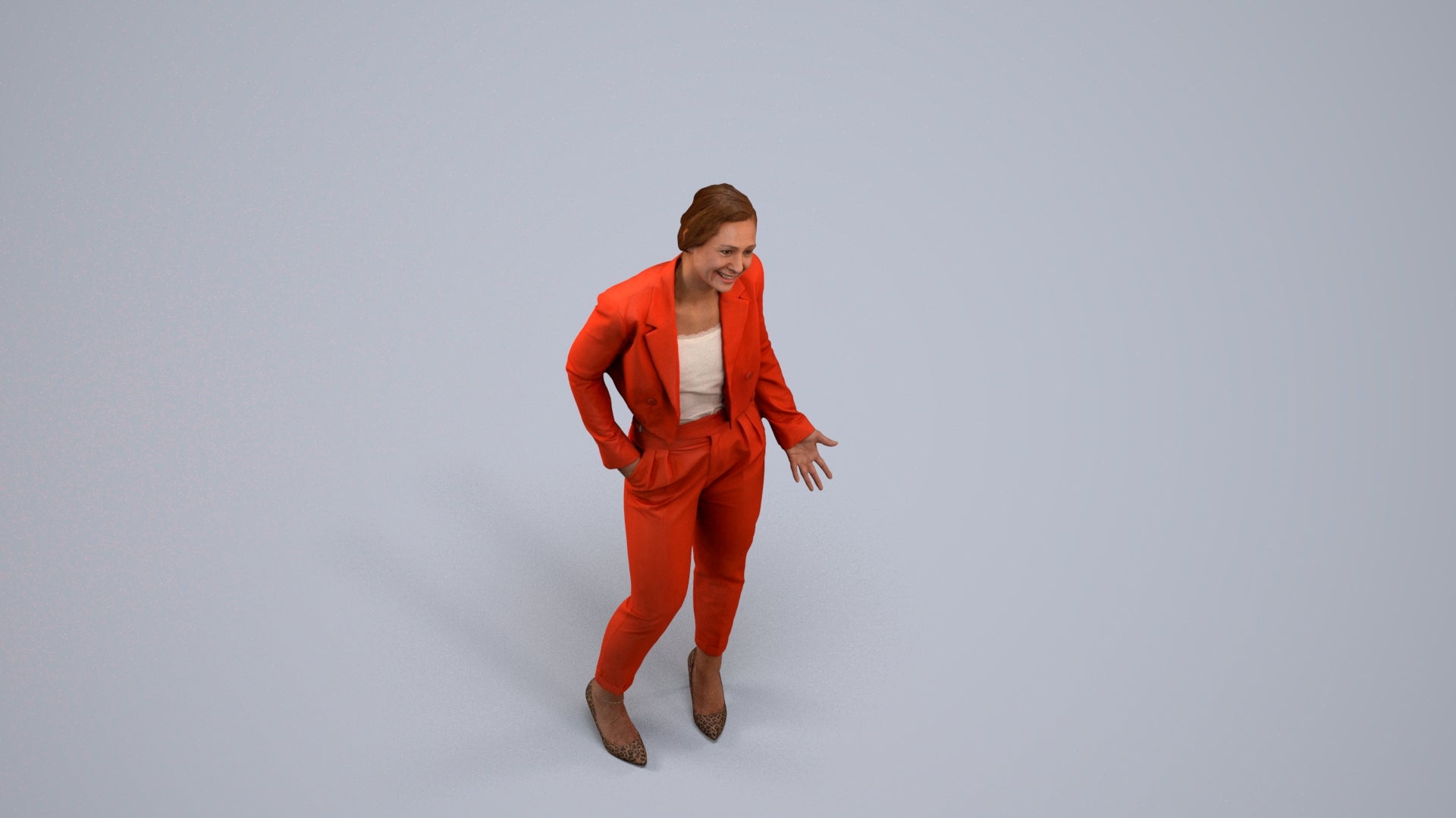 3D human model woman business, photogrammetry scanned person for archviz, back view render