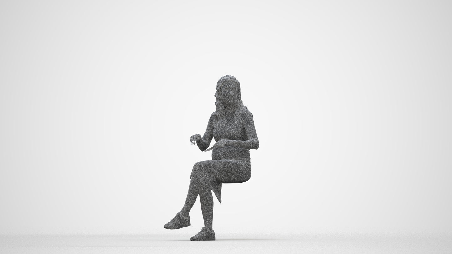 3D people model woman casual sitting, scanned human for 3ds Max rendering, wireframe back view