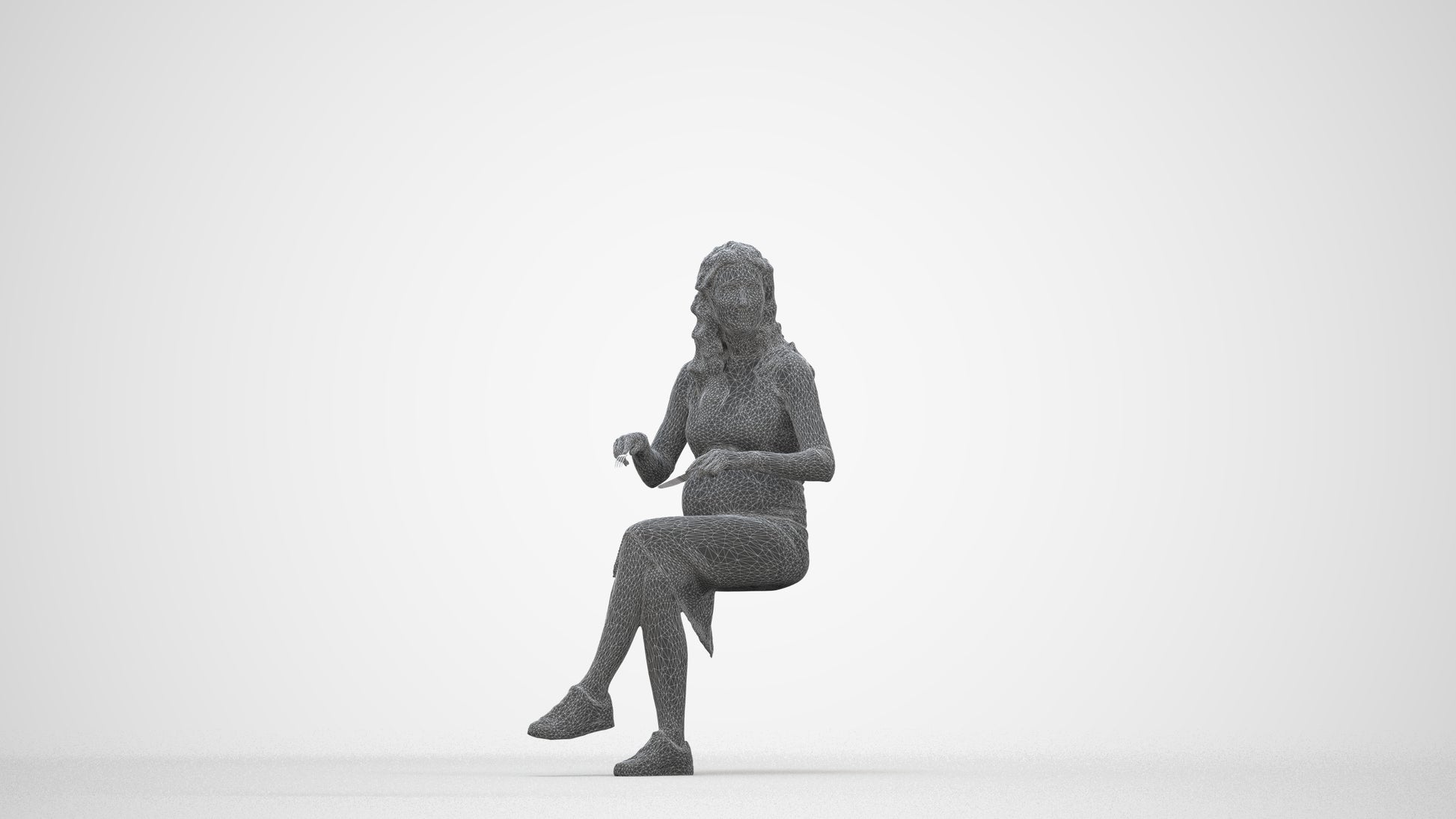3D people model woman casual sitting, scanned human for 3ds Max rendering, wireframe back view