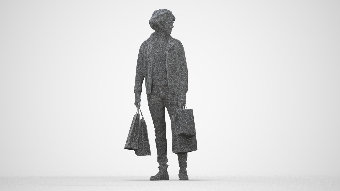 realistic 3D man casual shopping, scanned archviz people for Blender and 3ds Max, wireframe back view
