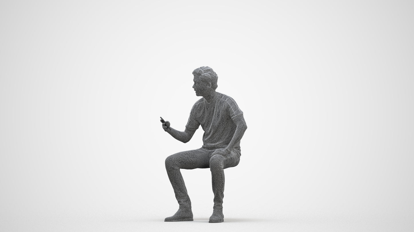 3D human model man casual sitting, photogrammetry scanned person for archviz, three-quarter front view render