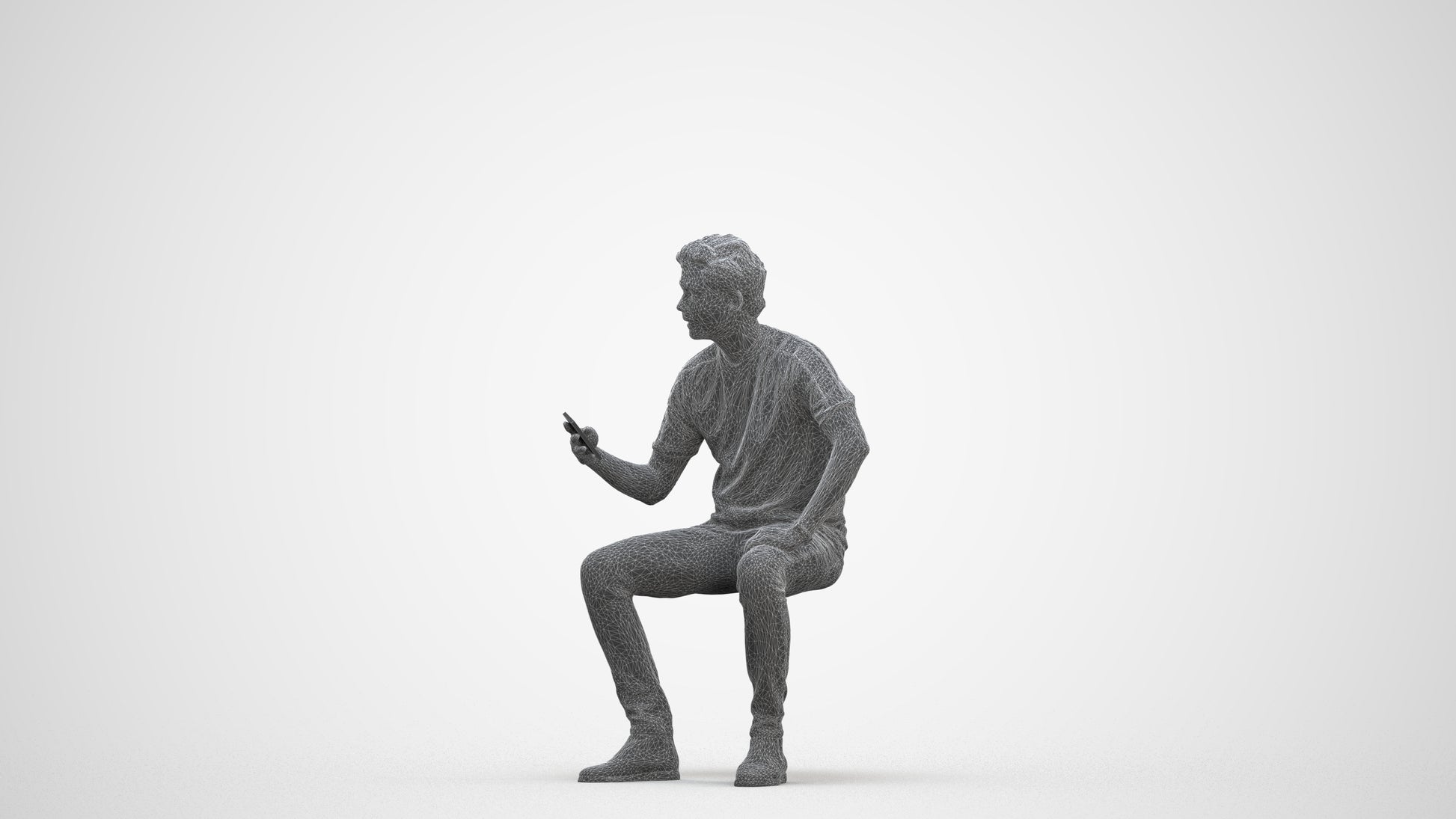 3D human model man casual sitting, photogrammetry scanned person for archviz, three-quarter front view render