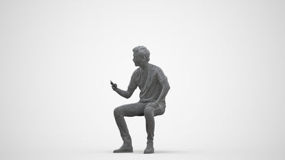 3D human model man casual sitting, photogrammetry scanned person for archviz, three-quarter front view render