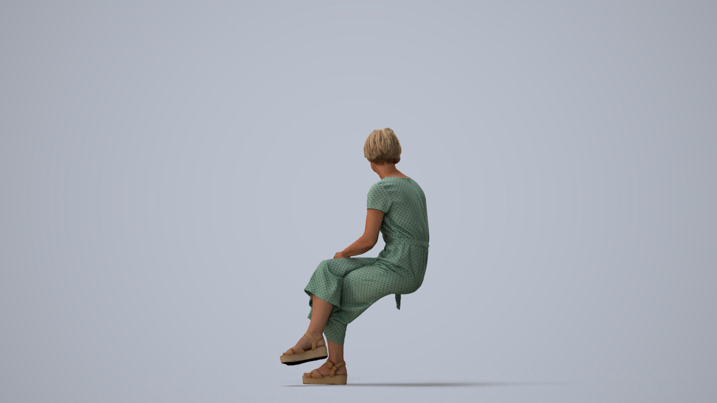 photogrammetry 3D senior woman casual sitting, realistic human model archviz FBX, three-quarter view render
