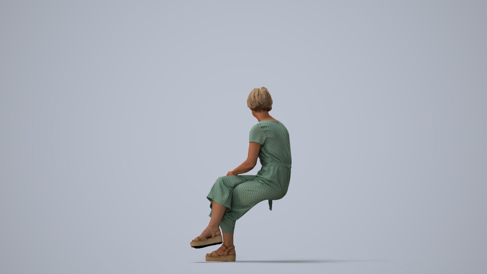 photogrammetry 3D senior woman casual sitting, realistic human model archviz FBX, three-quarter view render