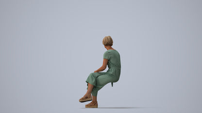 photogrammetry 3D senior woman casual sitting, realistic human model archviz FBX, three-quarter view render
