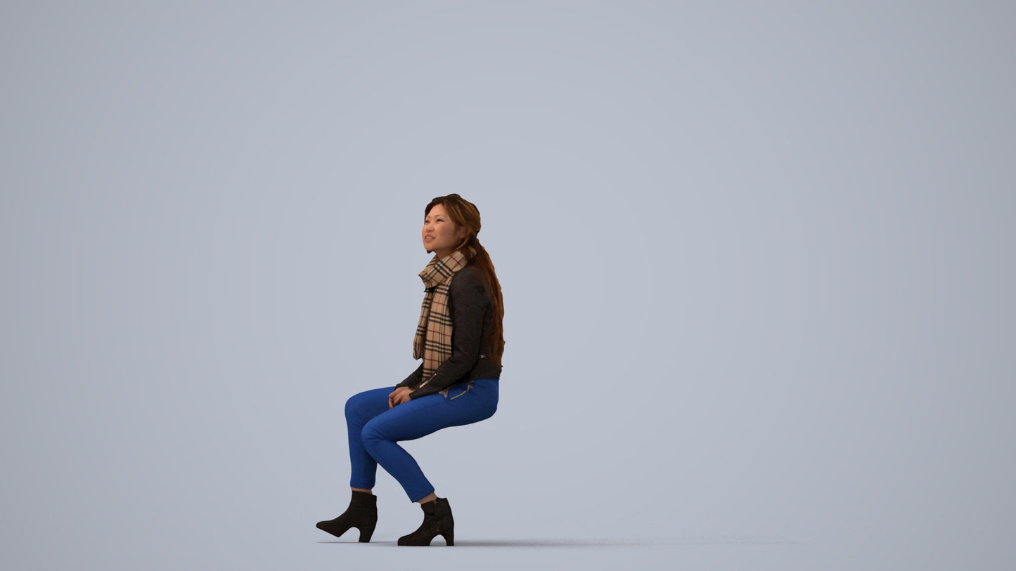3D human model woman casual sitting, photogrammetry scanned person for archviz, three-quarter view render
