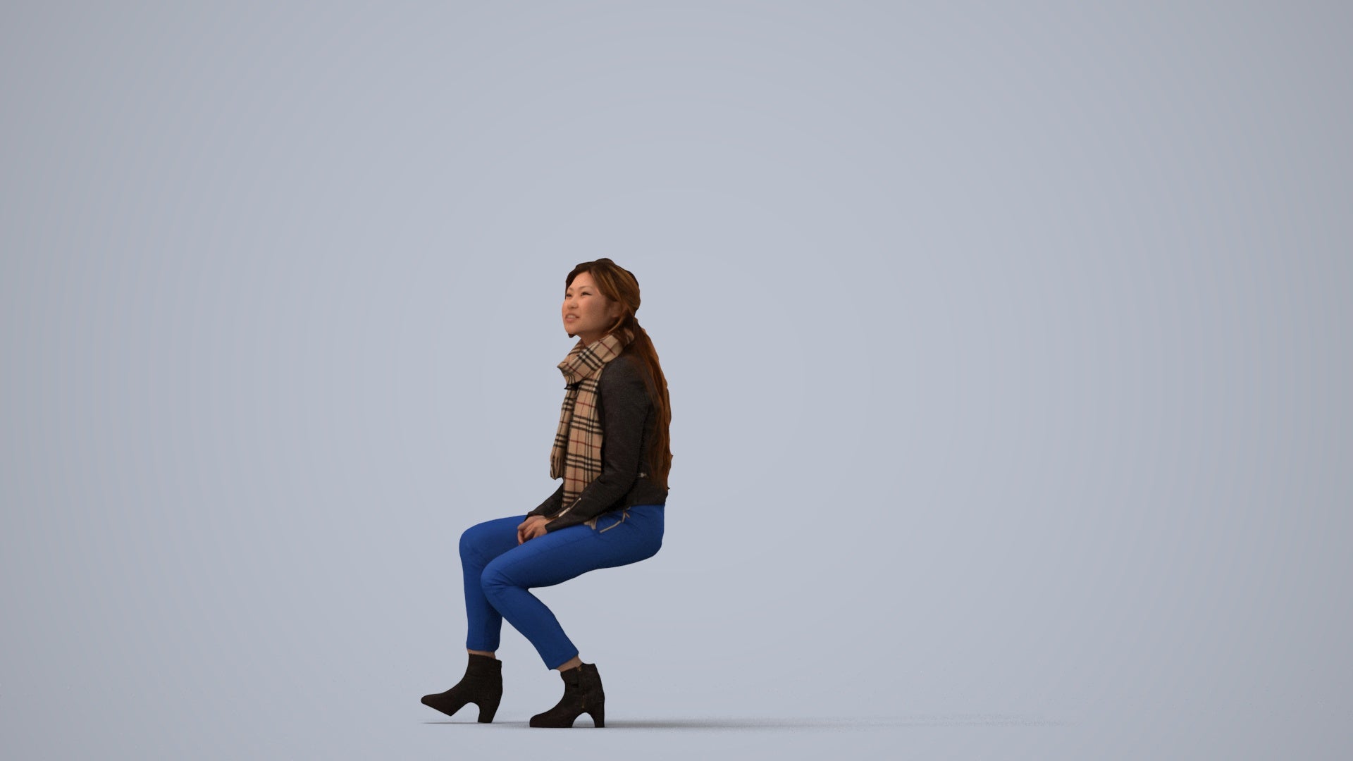 3D human model woman casual sitting, photogrammetry scanned person for archviz, three-quarter view render