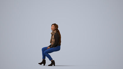 3D human model woman casual sitting, photogrammetry scanned person for archviz, three-quarter view render