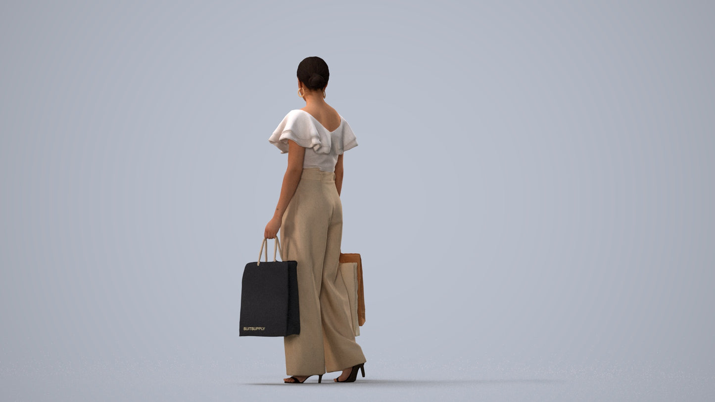 scanned 3D woman business shopping, photogrammetry people for Enscape and V-Ray, three-quarter view render