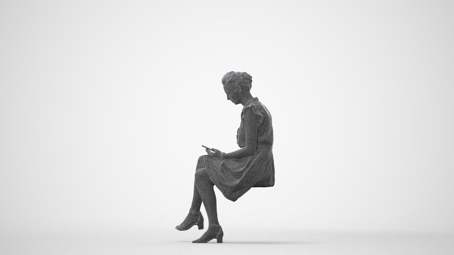 scanned 3D woman casual sitting, photogrammetry people for Enscape and V-Ray, square thumbnail
