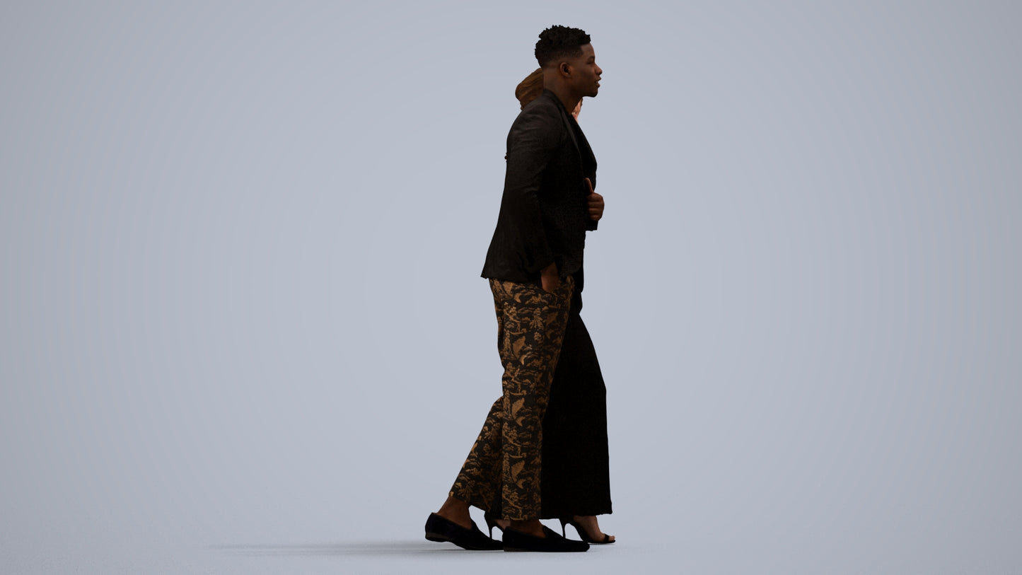 3D human model woman formal couple, photogrammetry scanned person for archviz, side view render