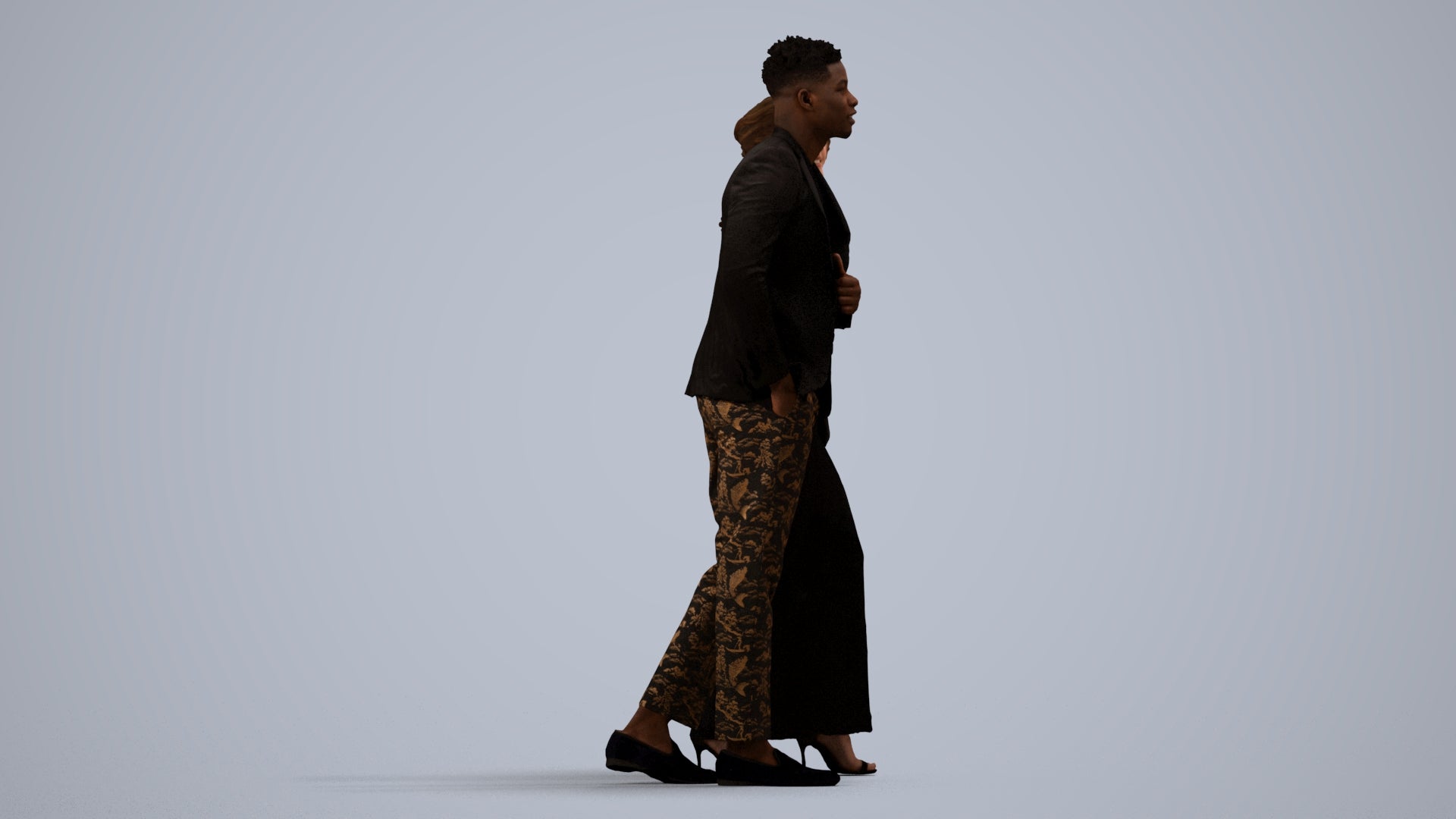 3D human model woman formal couple, photogrammetry scanned person for archviz, side view render