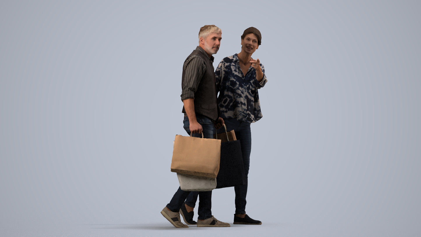 3D human model woman casual shopping, photogrammetry scanned person for archviz, side view render