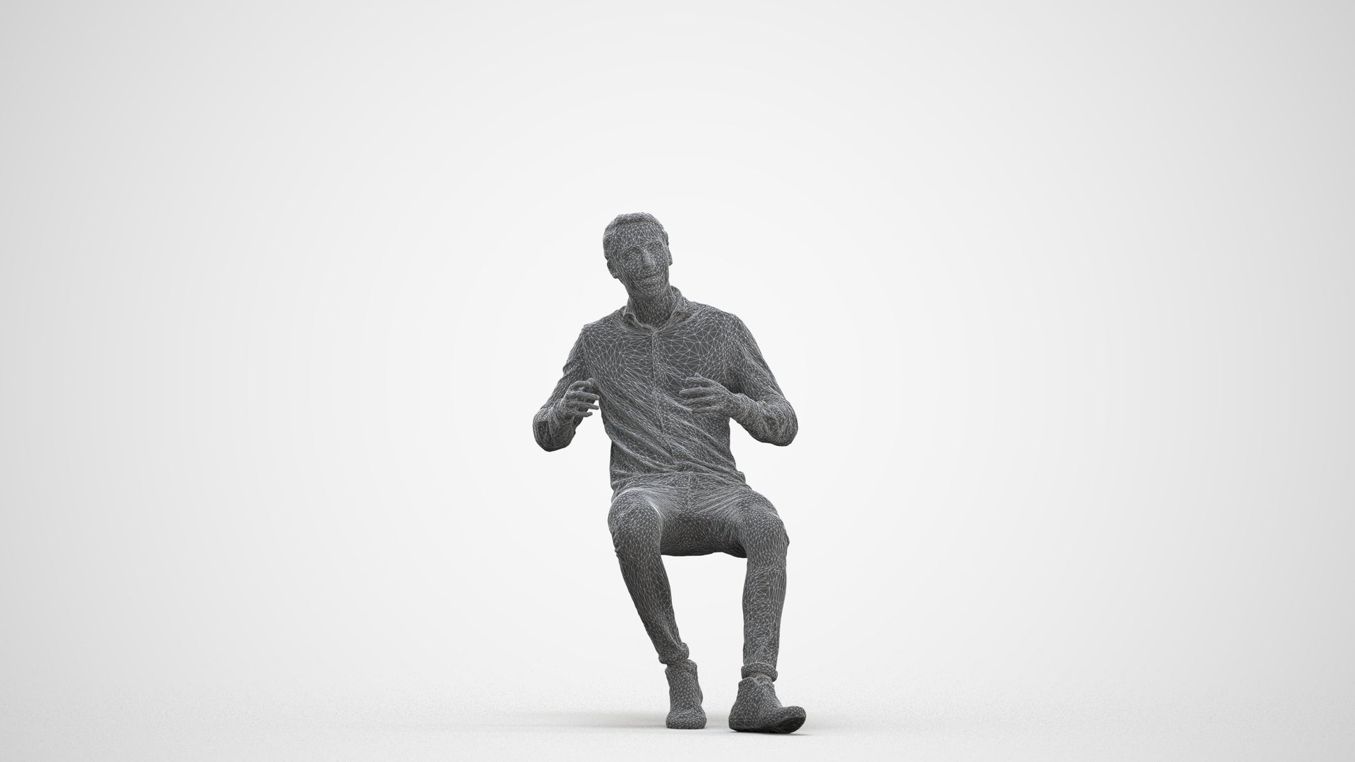 realistic 3D human man casual sitting, archviz people FBX OBJ for Blender, three-quarter front view render