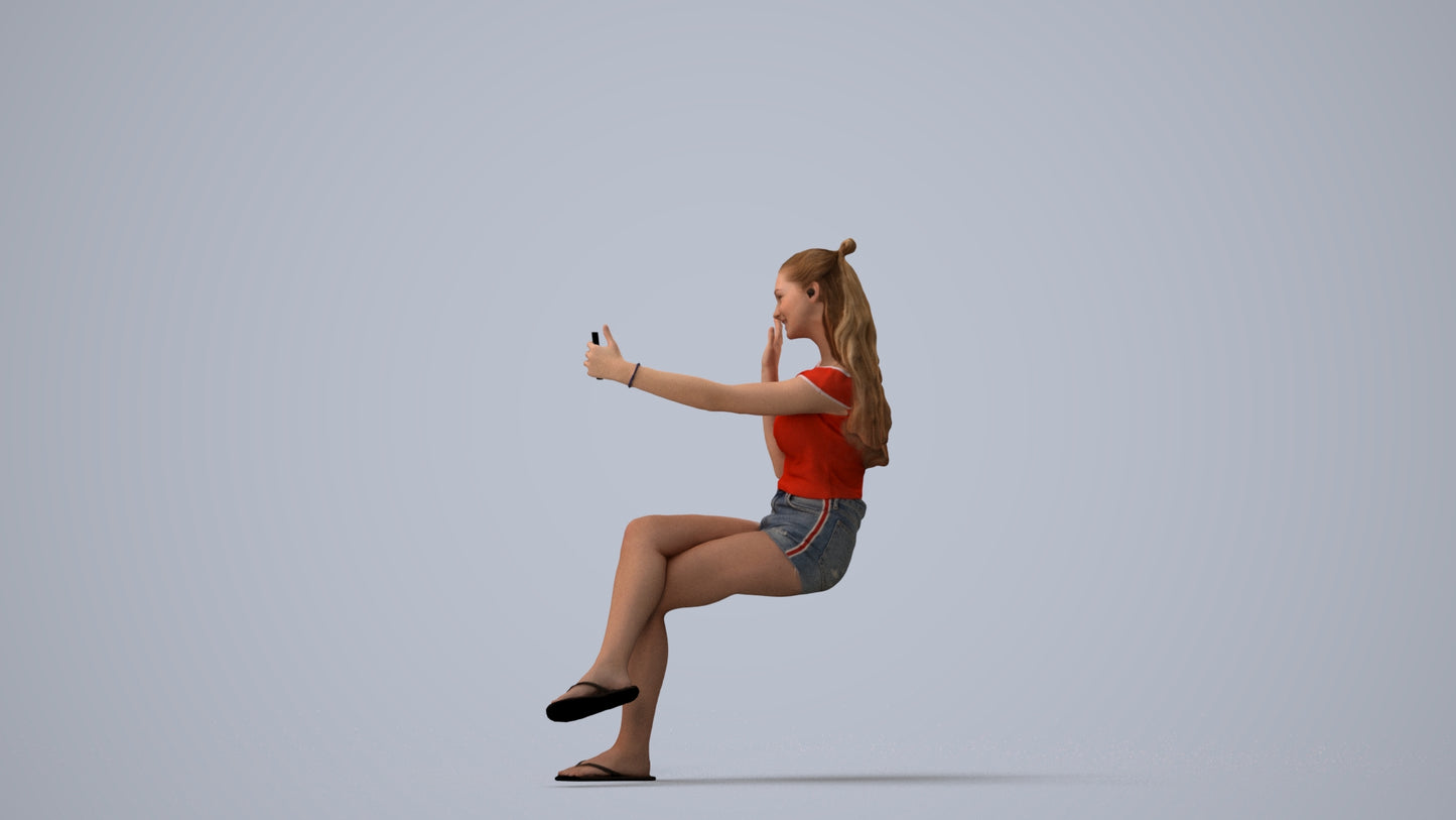 realistic 3D human girl casual sitting, archviz people FBX OBJ for Blender, three-quarter view render