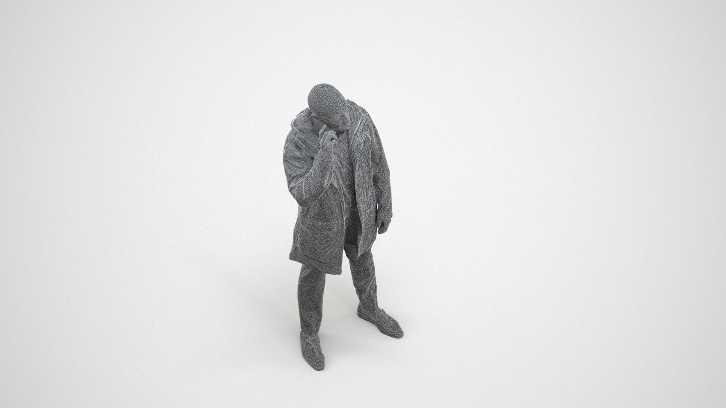 photogrammetry 3D man business standing, realistic human model archviz FBX, wireframe three-quarter view