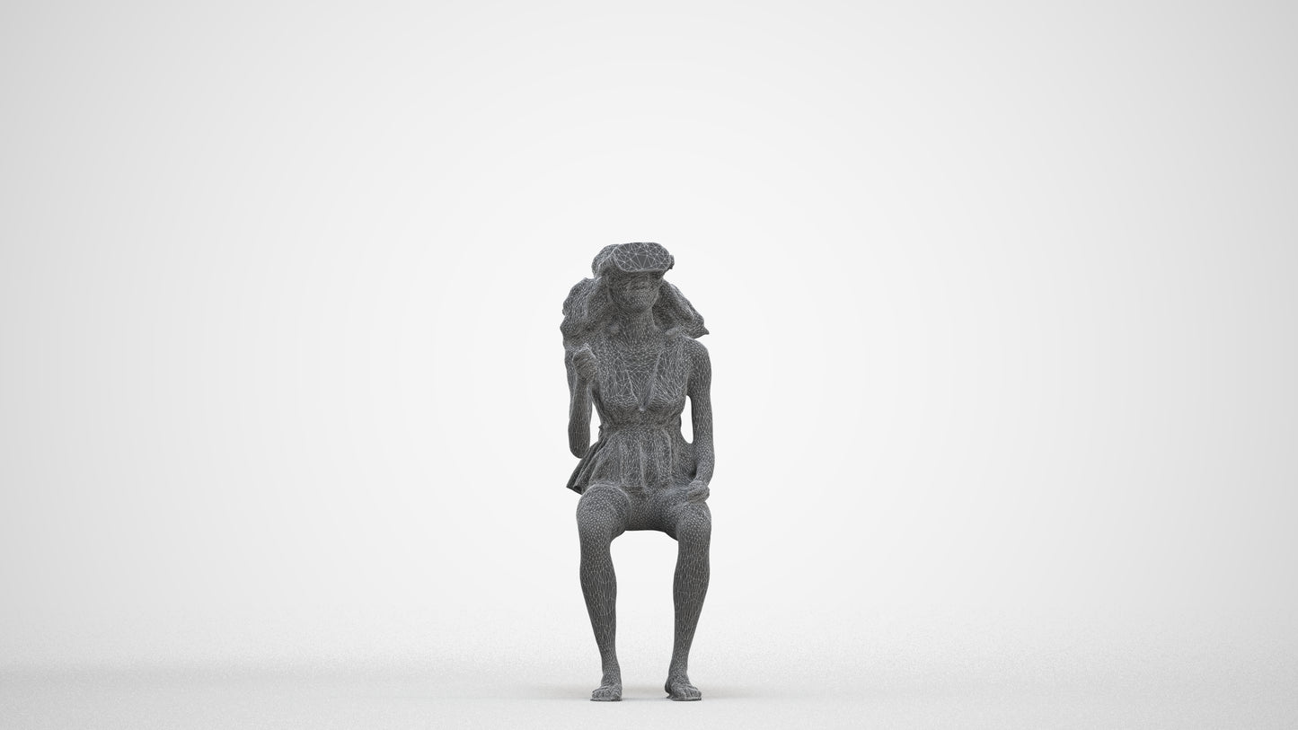 photogrammetry 3D woman casual sitting, realistic human model archviz FBX, three-quarter front view render