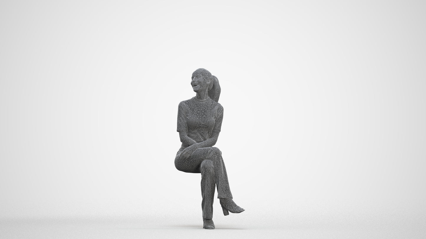 photogrammetry 3D woman casual sitting, realistic human model archviz FBX, three-quarter front view render