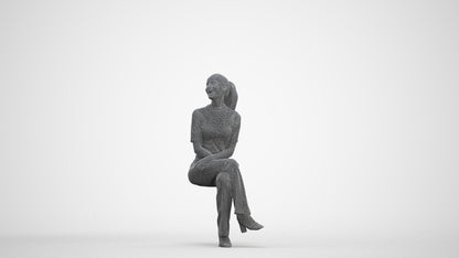 photogrammetry 3D woman casual sitting, realistic human model archviz FBX, three-quarter front view render