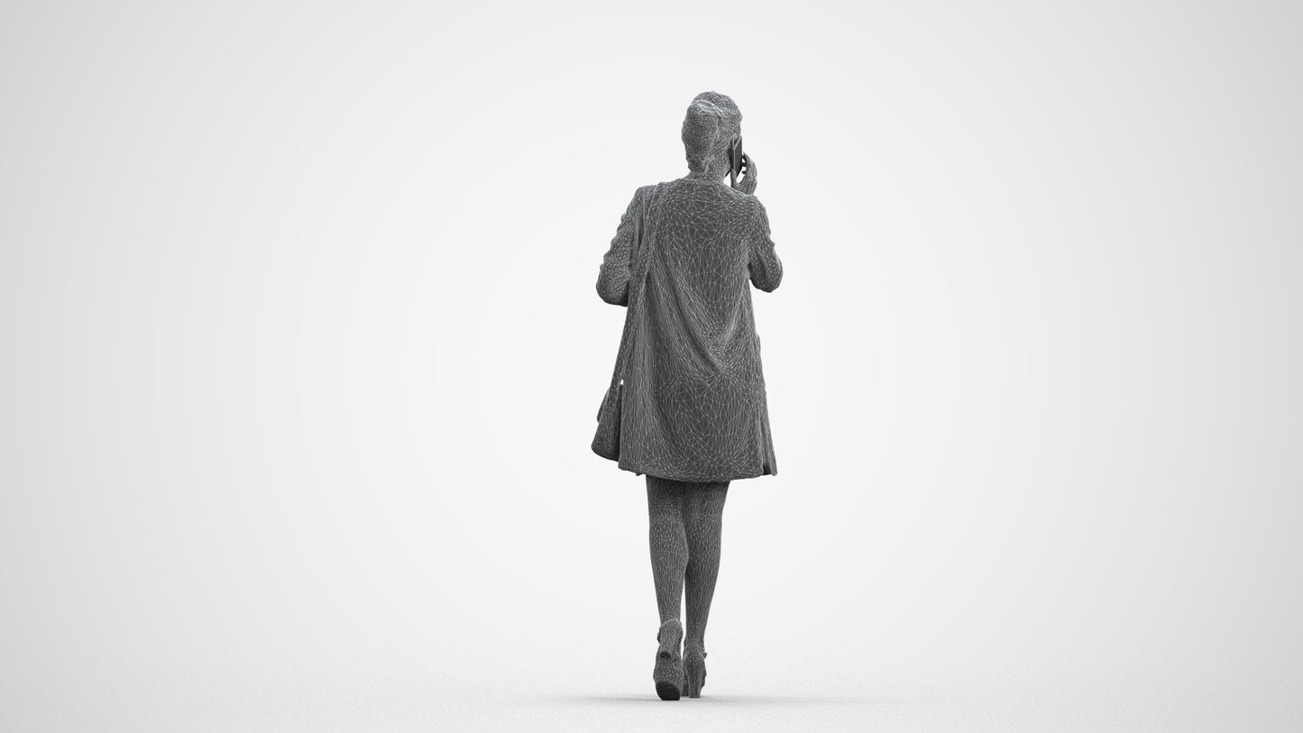 3D scanned woman walking business, photorealistic archviz people for Enscape and SketchUp, wireframe front view