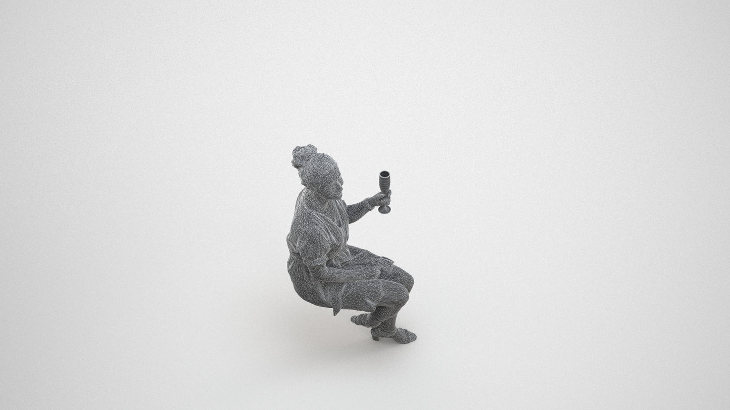 scanned 3D woman casual sitting, photogrammetry people for Enscape and V-Ray, wireframe three-quarter view