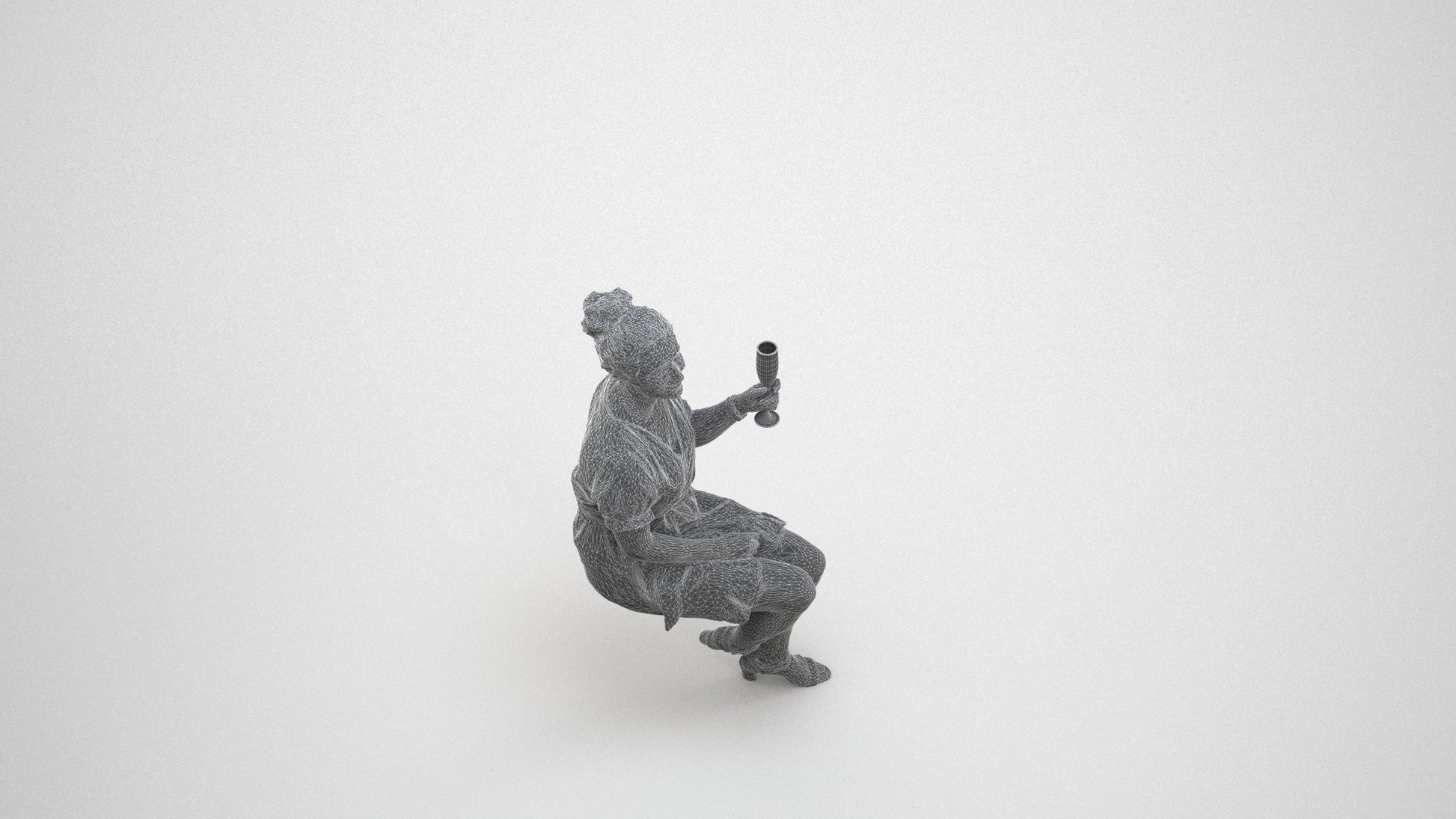 scanned 3D woman casual sitting, photogrammetry people for Enscape and V-Ray, wireframe three-quarter view