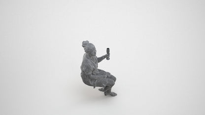 scanned 3D woman casual sitting, photogrammetry people for Enscape and V-Ray, wireframe three-quarter view