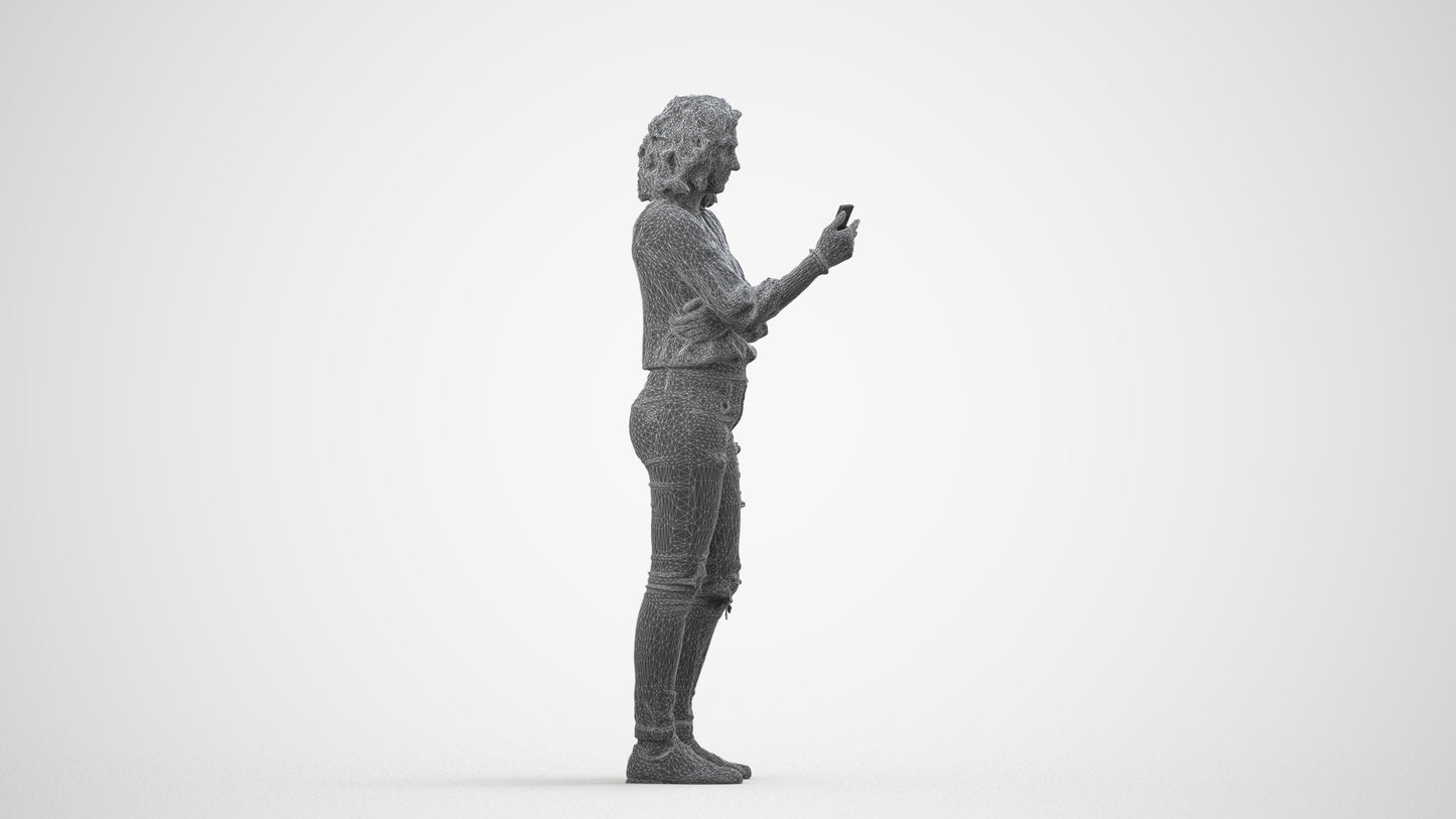 3D human model woman casual standing, photogrammetry scanned person for archviz, wireframe side view