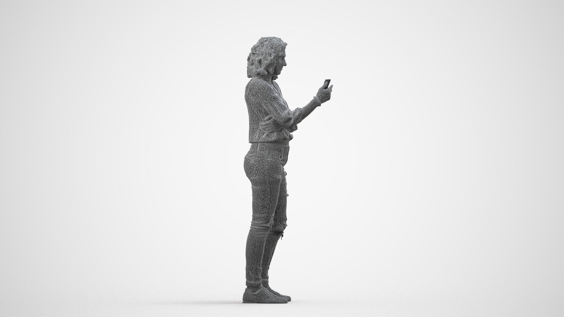 3D human model woman casual standing, photogrammetry scanned person for archviz, wireframe side view