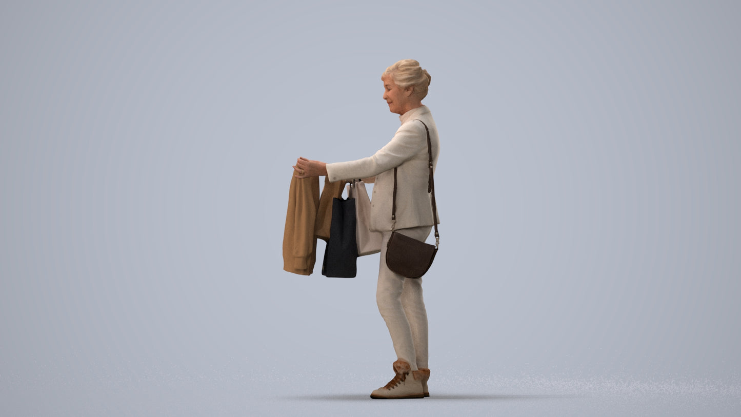 photogrammetry 3D senior woman business shopping, realistic human model archviz FBX, three-quarter view render