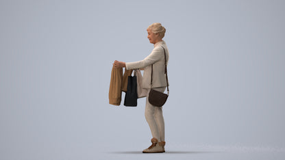 photogrammetry 3D senior woman business shopping, realistic human model archviz FBX, three-quarter view render