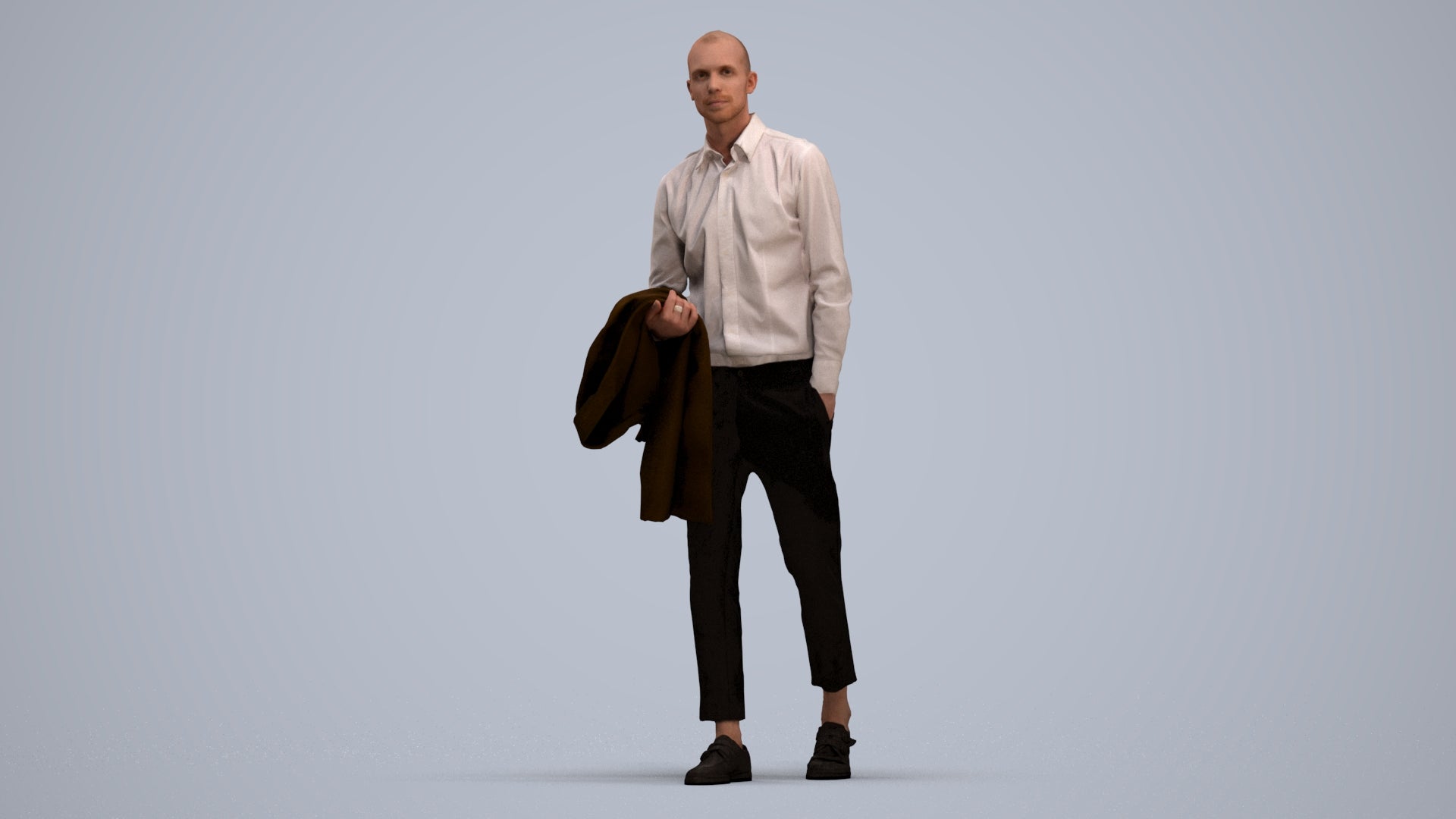 photogrammetry 3D man business walking, realistic human model archviz FBX, standing pose render