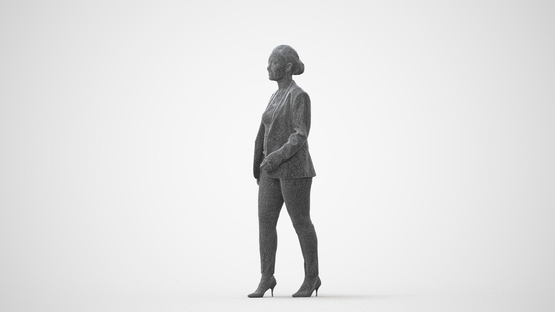 3D human model woman business walking, photogrammetry scanned person for archviz, square thumbnail