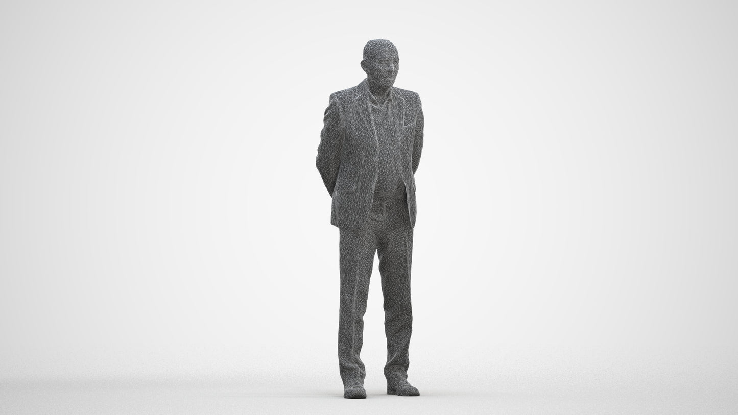 realistic 3D senior man business standing, scanned archviz people for Blender and 3ds Max, three-quarter front view render