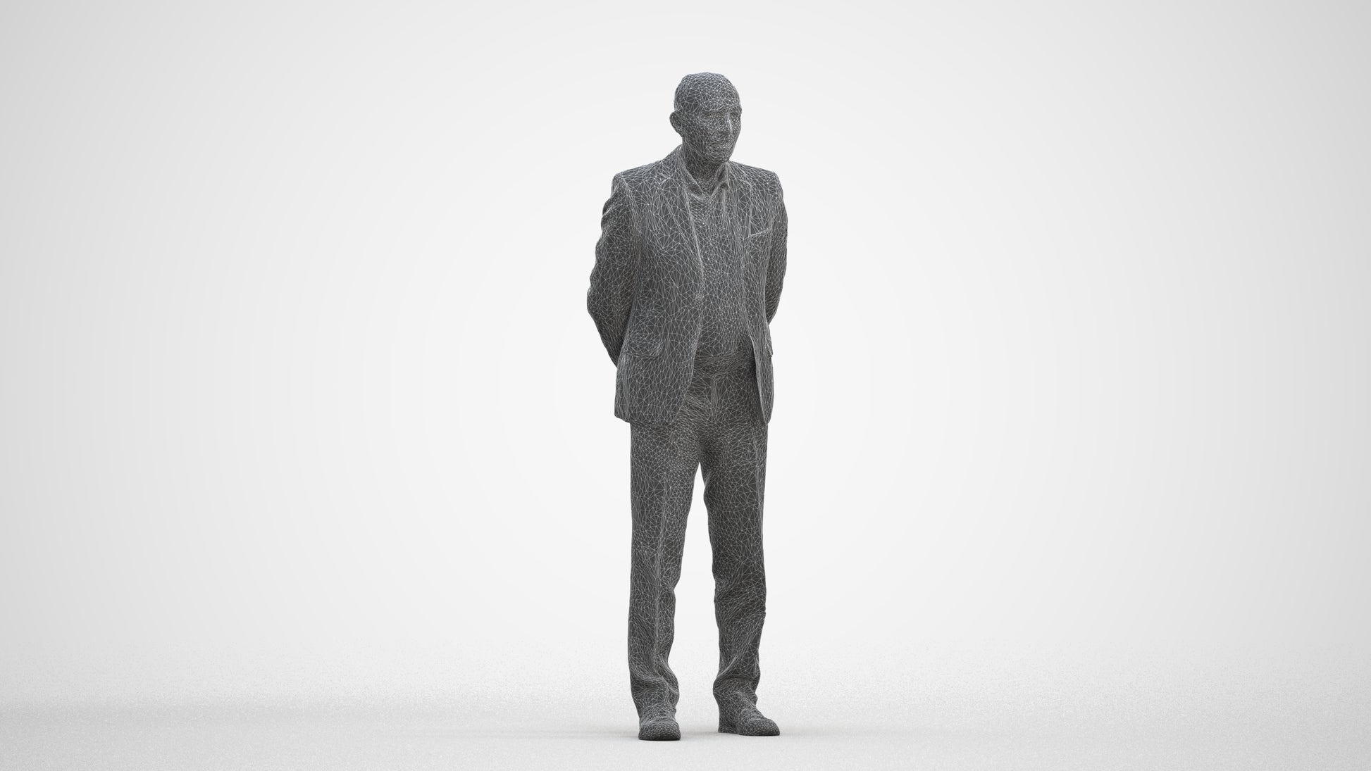 realistic 3D senior man business standing, scanned archviz people for Blender and 3ds Max, three-quarter front view render