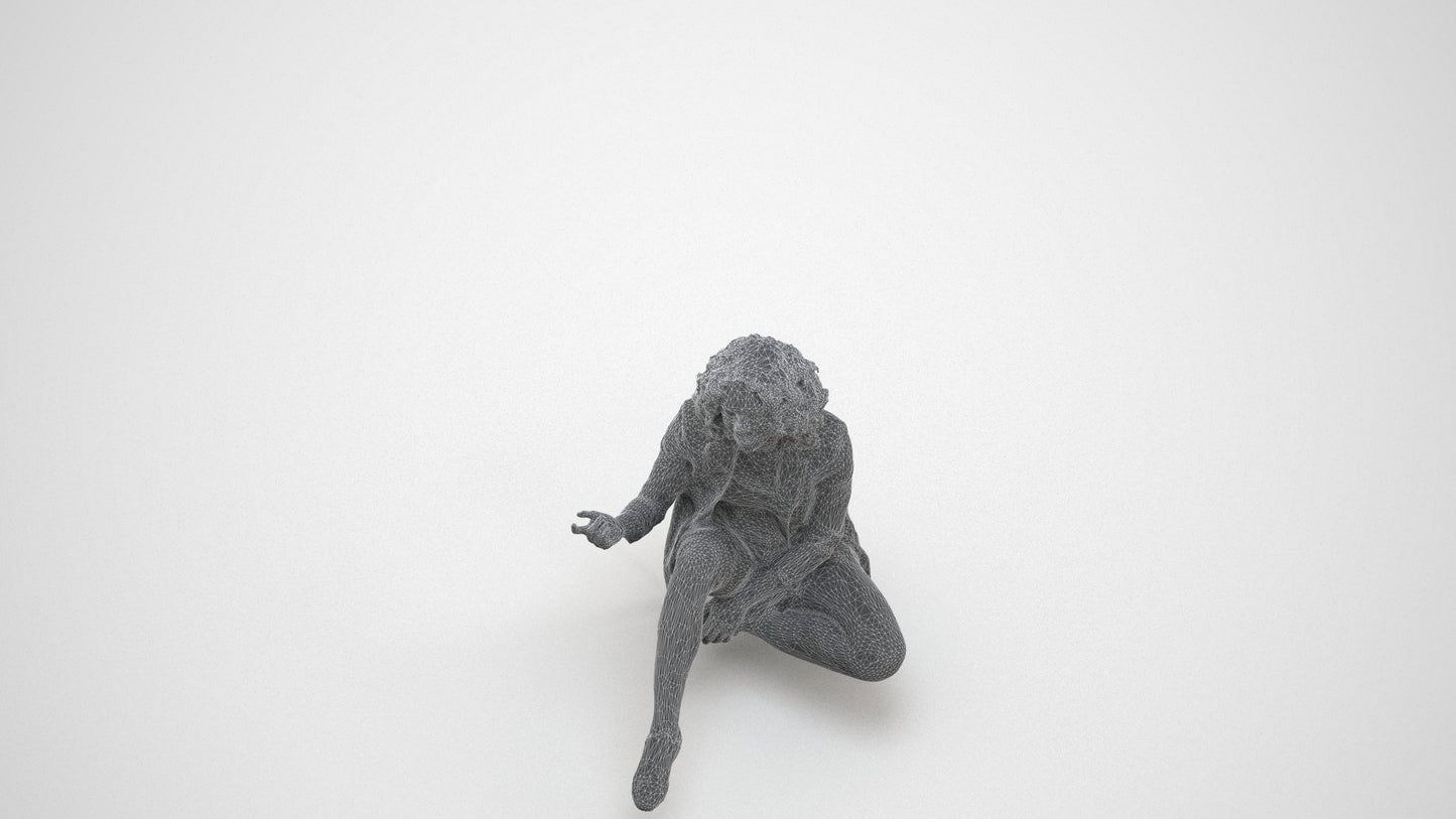 3D human model woman business sitting, photogrammetry scanned person for archviz, wireframe three-quarter view