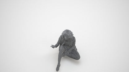 3D human model woman business sitting, photogrammetry scanned person for archviz, wireframe three-quarter view
