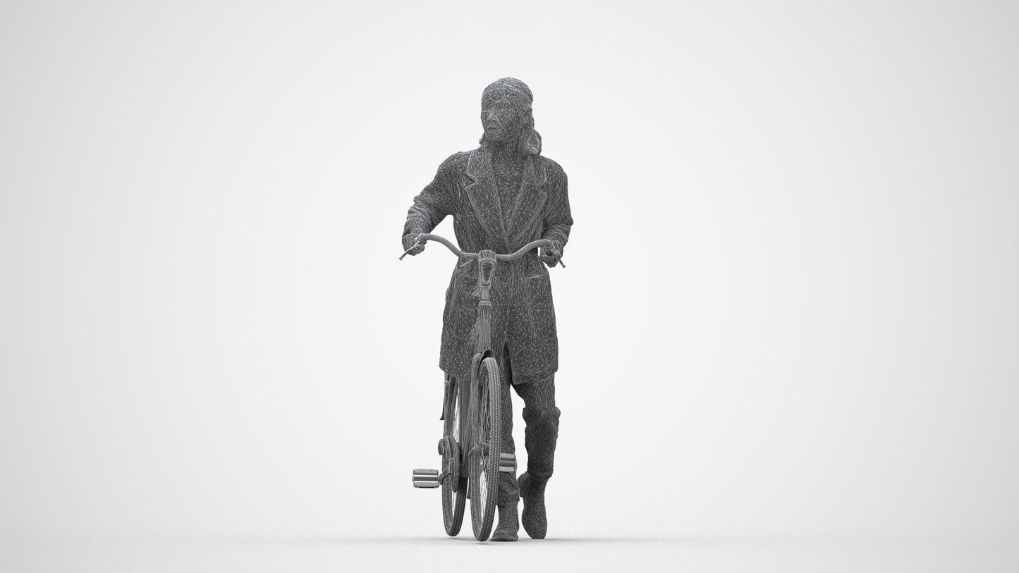 3D human model woman casual cycling, photogrammetry scanned person for archviz, wireframe back view