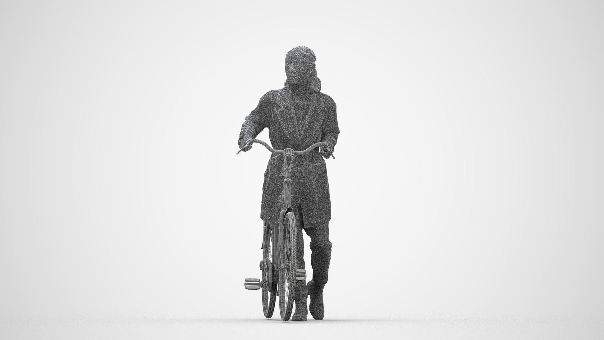 3D human model woman casual cycling, photogrammetry scanned person for archviz, wireframe back view