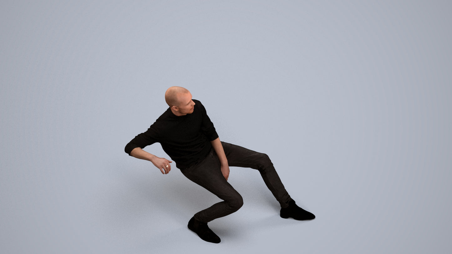 3D human model man casual sitting, photogrammetry scanned person for archviz, back view render