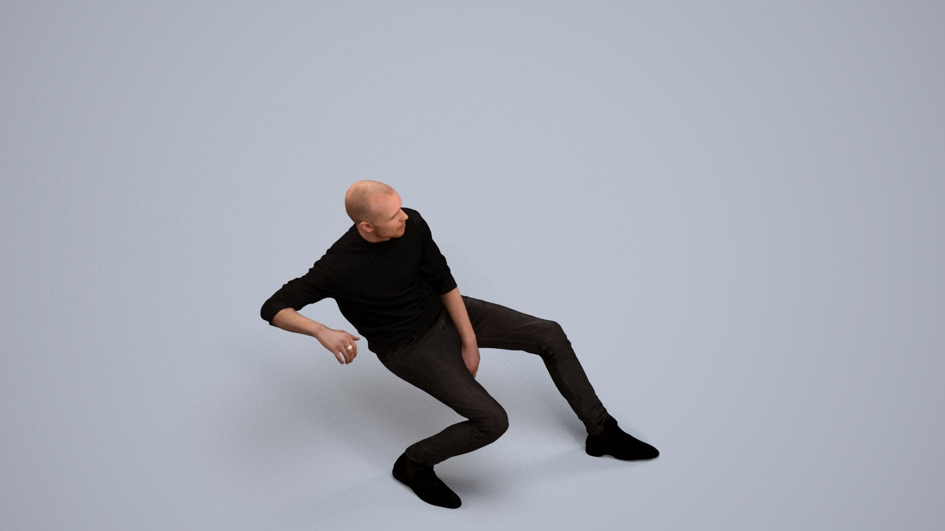 3D human model man casual sitting, photogrammetry scanned person for archviz, back view render