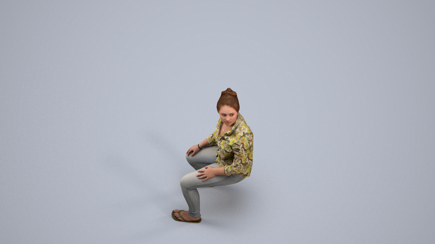 photogrammetry 3D woman casual sitting, realistic human model archviz FBX, back view render