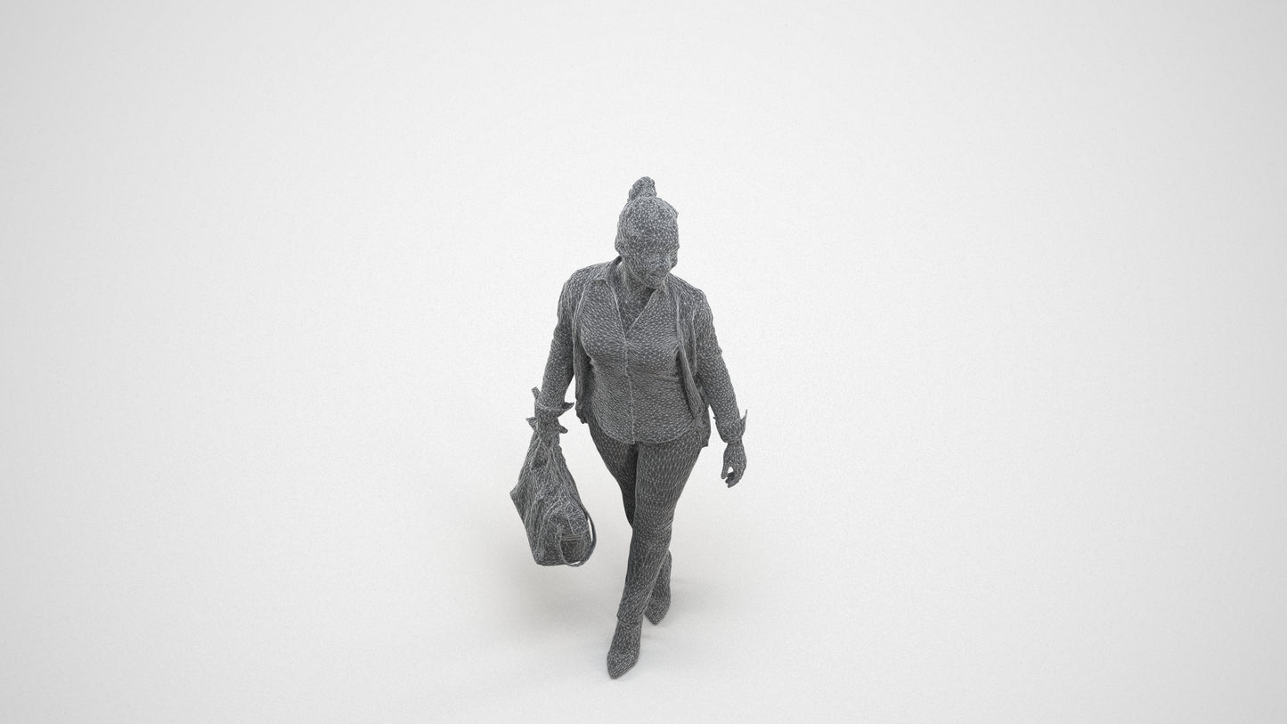 realistic 3D human woman business walking, archviz people FBX OBJ for Blender, wireframe three-quarter view