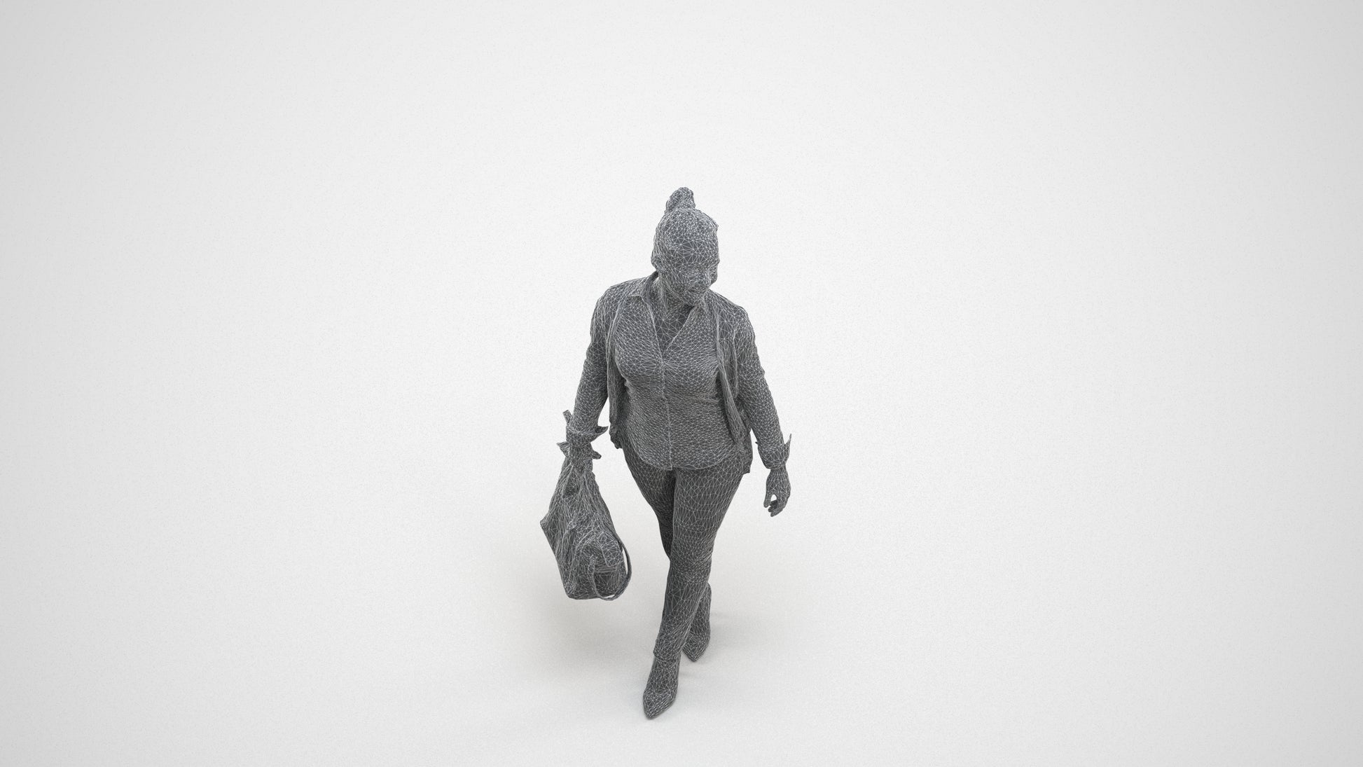 realistic 3D human woman business walking, archviz people FBX OBJ for Blender, wireframe three-quarter view