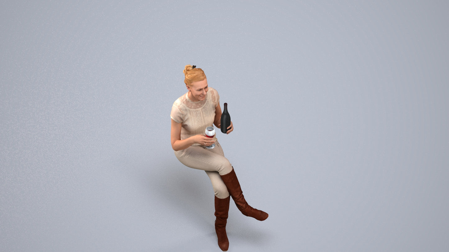 3D human model woman casual sitting, photogrammetry scanned person for archviz, back view render