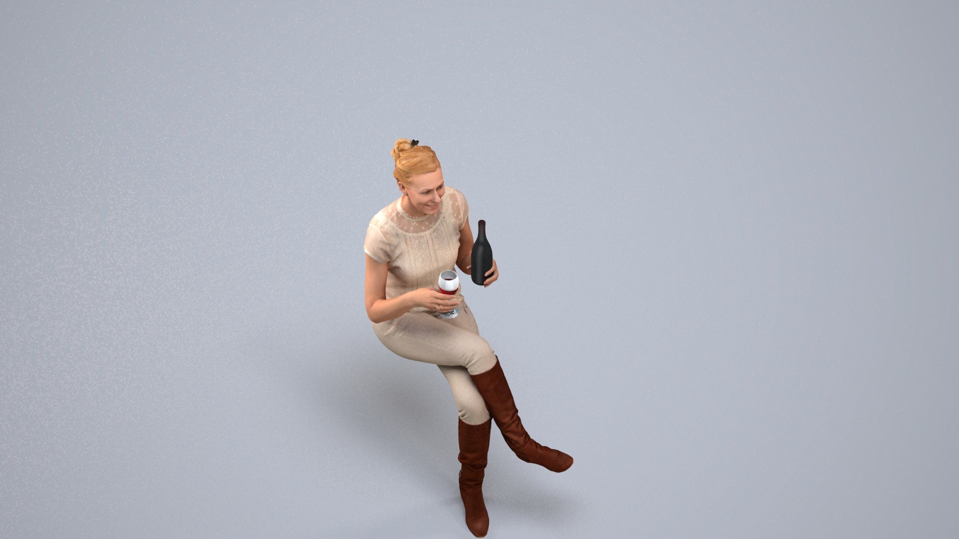 3D human model woman casual sitting, photogrammetry scanned person for archviz, back view render